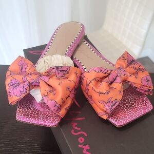 Betsey Johnson Pink Slide Sandals with Orange Floral Bows